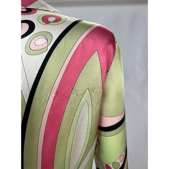 Silk Patterned Blouse By Kasper Size 6 - Green & Pink Design French Cuff Blemish - Picture 6 of 16
